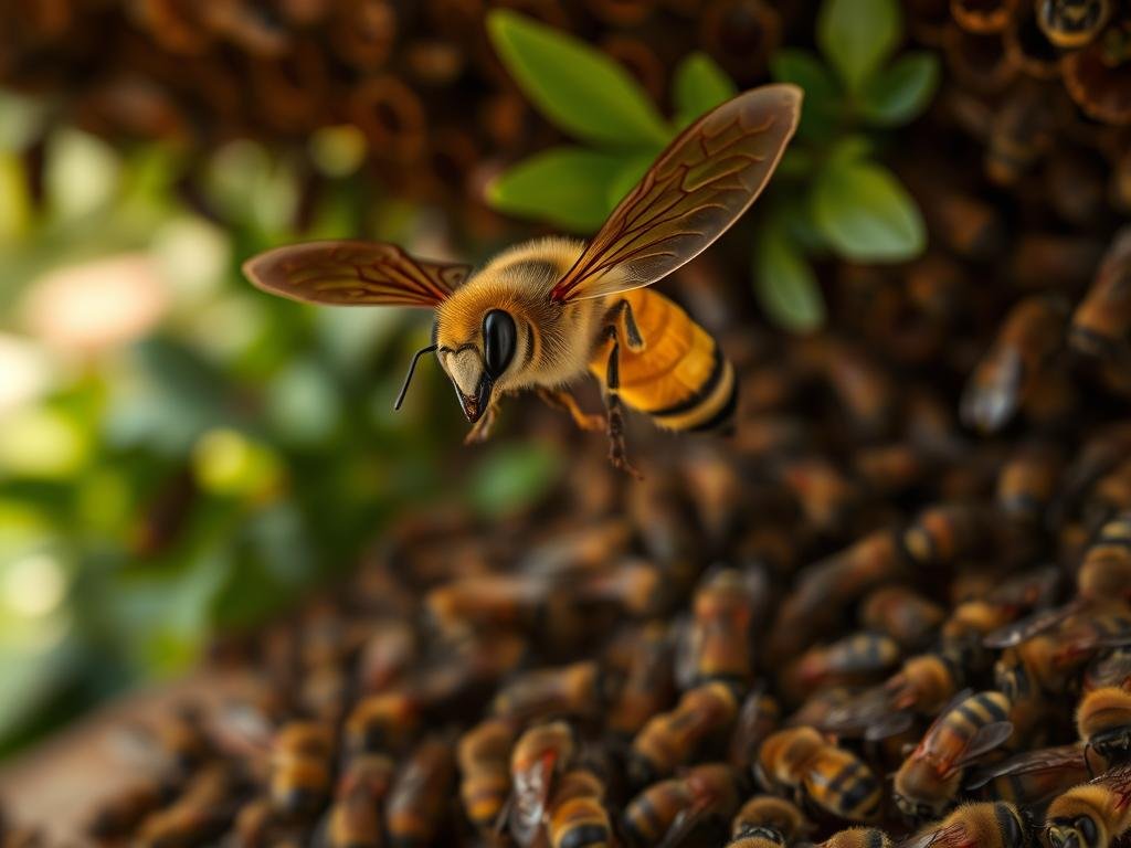 A majestic fuchi api, a male honeybee, gracefully hovering amidst the bustling Apicoltura apiary. Its broad wings cut through the air, golden abdomen gleaming in the soft, warm lighting. The fuchi api's compound eyes survey the hive's intricate structure, its role as a drone essential to the colony's reproduction. In the middle ground, worker bees diligently tend to their duties, their black and yellow striped bodies a blur of activity. The background depicts lush, verdant foliage, hinting at the bountiful nectar sources that sustain this thriving Apicoltura community. An atmospheric, cinematic composition that captures the essential function of the fuchi api within the honey bee colony.