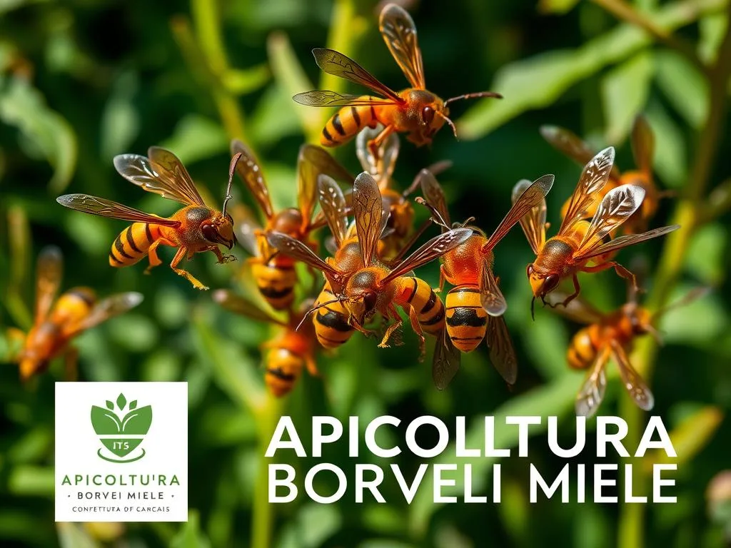 A majestic group of Italian hornet species, known as "specie di calabroni," hovering gracefully amidst a lush, verdant backdrop. Their glossy, amber-colored bodies and intricate wing patterns are captured in vivid detail, conveying a sense of power and presence. The scene is illuminated by soft, natural lighting, casting subtle shadows that accentuate the hornets' sculptural forms. In the foreground, the APICOLTURA BORVEI MIELE logo is prominently displayed, establishing the connection to the article's subject matter. This image serves as a visually striking and informative representation of the diverse hornet species found in Italy.