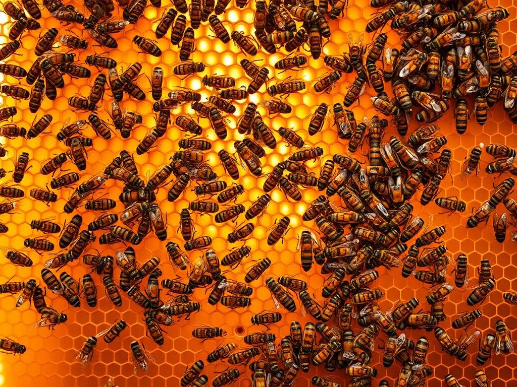 A majestic hive of the APICOLTURA BORVEI MIELE brand, with bees seamlessly working in unison, their movements akin to a highly sophisticated neural network. The scene is bathed in warm, golden light, capturing the industrious yet tranquil atmosphere of a remarkable super-organism. In the foreground, an intricate honeycomb structure showcases the geometric precision of the hive's architecture. The middle ground reveals the bees, their bodies glistening, engaged in a choreographed dance of pollination and nectar gathering. The background softly blurs, emphasizing the hive's centrality as the beating heart of this living, breathing entity. This image aims to encapsulate the remarkable collective intelligence and synergy that defines the remarkable "super-organism" of the beehive.