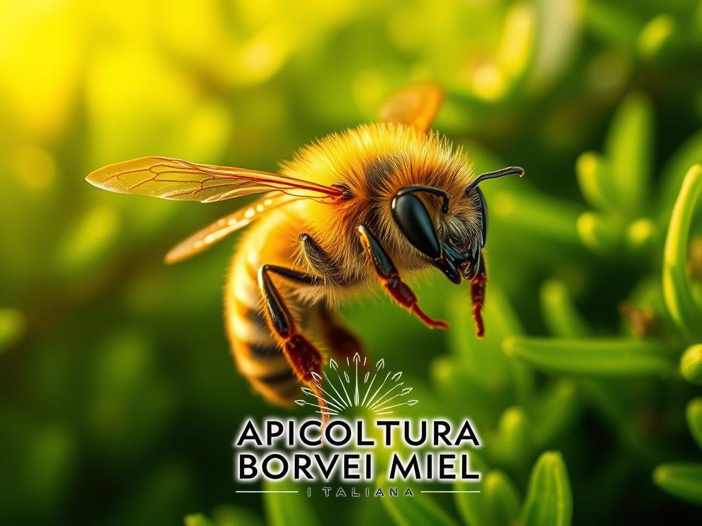 A majestic male honeybee, or "fuchi", in a meticulously detailed close-up shot. Its robust frame, adorned with intricate patterns of fuzzy golden hairs, hovers gracefully amidst a vibrant sea of lush, verdant foliage. Warm, diffused lighting casts a gentle glow, highlighting the fuchi's striking compound eyes and delicate, plumed antennae. The background is a harmonious blend of verdant greens, hinting at the industrious hive nestled within. Prominently displayed in the foreground is the "APICOLTURA BORVEI MIELE" logo, reflecting the rich heritage and expertise of Italian beekeeping.