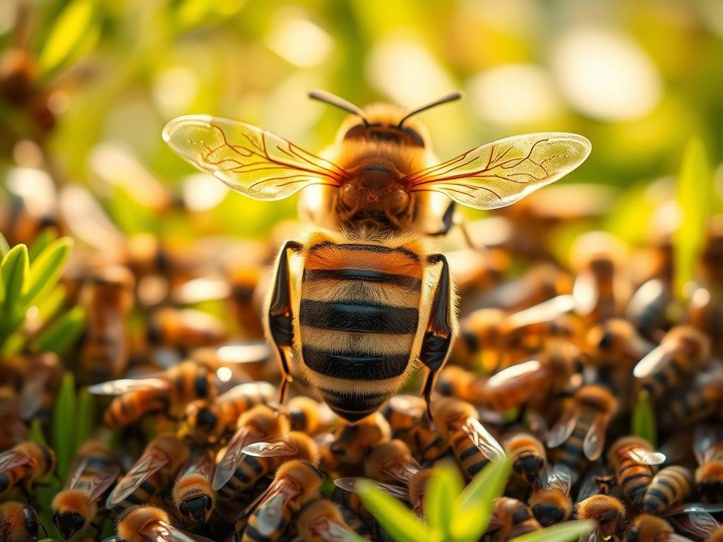 A majestic queen bee, the centerpiece of a thriving Apicoltura hive, commands the attention of her diligent workers. Captured in a warm, sunlit scene, her regal form emerges from a lush, verdant backdrop, exuding an aura of authority and purpose. Intricate details of her striped abdomen and delicate wings are highlighted, while the worker bees engage in their industrious tasks around her. The composition evokes a sense of harmony and the cyclical nature of the hive's lifecycle. This image reflects the essence of "L'Ape Regina: La Sovrana dell'Alveare", a pivotal chapter in the article "Il Ciclo di Vita delle Api: Dalla Nascita alla Morte".