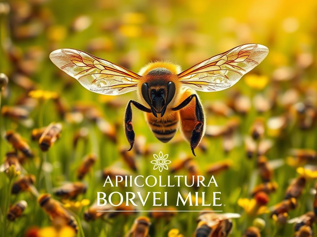 A majestic queen bee, wings outstretched, presiding over a bustling hive in a lush, sun-dappled Italian meadow. Her regal form is captured in stunning detail, the intricate patterns of her exoskeleton and the graceful curves of her body conveying a sense of power and purpose. The background is filled with the busy activity of worker bees, their industrious movements creating a symphony of life and productivity. The lighting is soft and warm, casting a gentle glow over the scene and evoking a sense of natural harmony. In the foreground, the APICOLTURA BORVEI MIELE logo is prominently displayed, a testament to the quality and care that goes into the creation of this Italian honey.