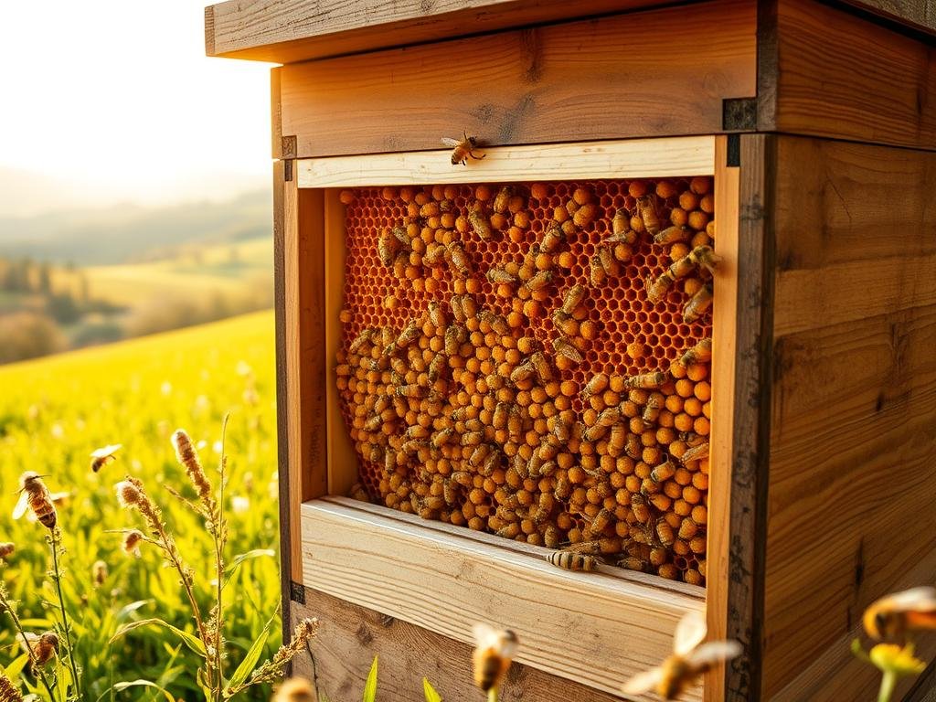 A majestic wooden beehive stands proudly in a lush, verdant field, its intricate design and natural textures reflecting the artisanal skill of "APICOLTURA BORVEI MIELE". The hive's interior is filled with the golden sweetness of monofloral honey, each comb a testament to the hard work and dedication of the industrious honeybees. Warm, diffused sunlight filters through the scene, casting a soft, inviting glow and highlighting the hive's organic shapes. In the background, a rolling landscape of rolling hills and distant forests provides a serene, picturesque backdrop, perfectly complementing the artisanal charm of this exceptional monofloral honey production setup. A majestic wooden beehive stands proudly in a lush, verdant field, its intricate design and natural textures reflecting the artisanal skill of "APICOLTURA BORVEI MIELE". The hive's interior is filled with the golden sweetness of monofloral honey, each comb a testament to the hard work and dedication of the industrious honeybees. Warm, diffused sunlight filters through the scene, casting a soft, inviting glow and highlighting the hive's organic shapes. In the background, a rolling landscape of rolling hills and distant forests provides a serene, picturesque backdrop, perfectly complementing the artisanal charm of this exceptional monofloral honey production setup.