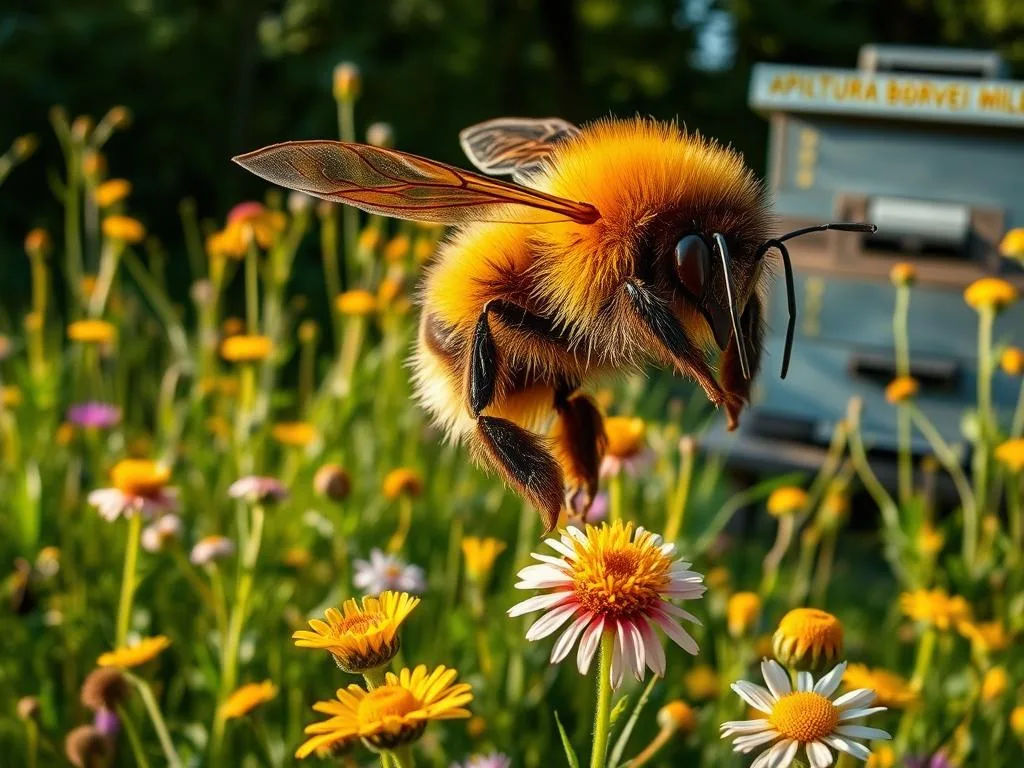 A massive brown and yellow calabrone (Bombus terrestris), the giant of the hymenopteran insects, hovers amidst a lush Italian meadow. Its fuzzy body is illuminated by warm, natural lighting, captured by a high-resolution lens from a low angle. The calabrone's powerful wings beat rhythmically as it pollinates vibrant wildflowers, showcasing its vital role in the delicate ecosystem. In the background, an apiary labeled "APICOLTURA BORVEI MIELE" stands as a testament to the calabrone's importance in the production of honey. This image encapsulates the grandeur and ecological significance of these impressive insects. A massive brown and yellow calabrone (Bombus terrestris), the giant of the hymenopteran insects, hovers amidst a lush Italian meadow. Its fuzzy body is illuminated by warm, natural lighting, captured by a high-resolution lens from a low angle. The calabrone's powerful wings beat rhythmically as it pollinates vibrant wildflowers, showcasing its vital role in the delicate ecosystem. In the background, an apiary labeled "APICOLTURA BORVEI MIELE" stands as a testament to the calabrone's importance in the production of honey. This image encapsulates the grandeur and ecological significance of these impressive insects.