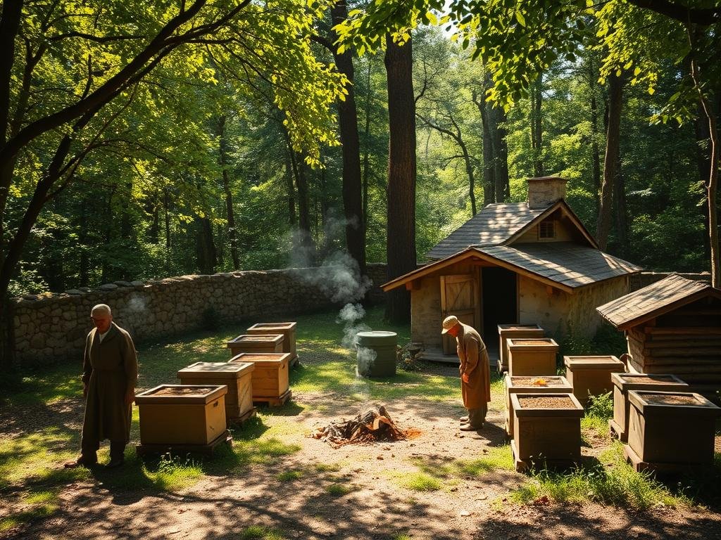 A medieval apiary, Apicoltura, nestled amidst a verdant forest clearing. Sunlight filters through the canopy, casting a warm glow on the thatched-roof hives. Beekeepers in simple tunics and caps tend to their charges, smoke billowing from a small fire. The air is thick with the sweet scent of honey and the gentle hum of industrious bees. In the background, a stone wall and a weathered wooden shed suggest the passage of time, a testament to the enduring tradition of Apicoltura. The scene evokes a sense of tranquility and timelessness, capturing the essence of medieval beekeeping.
