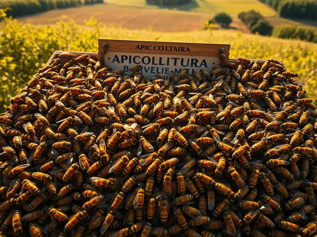 A mesmerizing aerial view of a bustling honeybee colony, showcasing the intricate "danza a8" or figure-eight dance. The camera captures the graceful movements of worker bees, disseminating information about distant nectar sources to their hive-mates. The scene is bathed in warm, golden light, evoking the sun-kissed Italian countryside. In the foreground, a cluster of bees perform the distinctive figure-eight pattern, their bodies swaying in sync. The middle ground reveals the hive's entrance, with APICOLTURA BORVEI MIELE prominently displayed. In the background, a lush, verdant landscape stretches out, hinting at the bountiful floral resources that sustain this thriving colony. The overall composition exudes a sense of harmony and the profound communication that underpins the apis' intricate social structure.