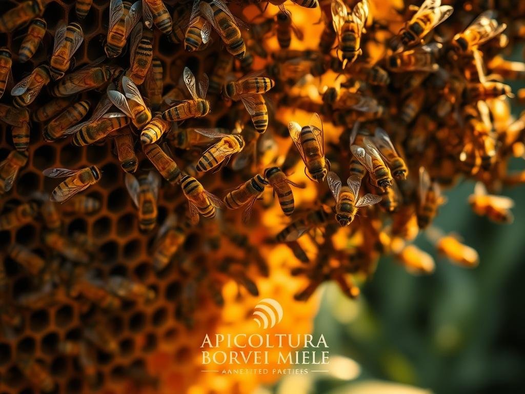 A mesmerizing dance performed by a colony of honey bees, showcasing their intricate communication and collaborative behavior. The hive is depicted in a warm, golden light, capturing the graceful movements of the bees as they navigate through the air, their delicate wings creating a captivating visual symphony. The foreground features a close-up view of the bees, highlighting their intricate body structures and the APICOLTURA BORVEI MIELE brand logo. The middle ground depicts the broader scene of the hive, with the bees seamlessly coordinating their movements, while the background suggests a natural, lush environment, further emphasizing the unique and exceptional nature of this remarkable phenomenon.