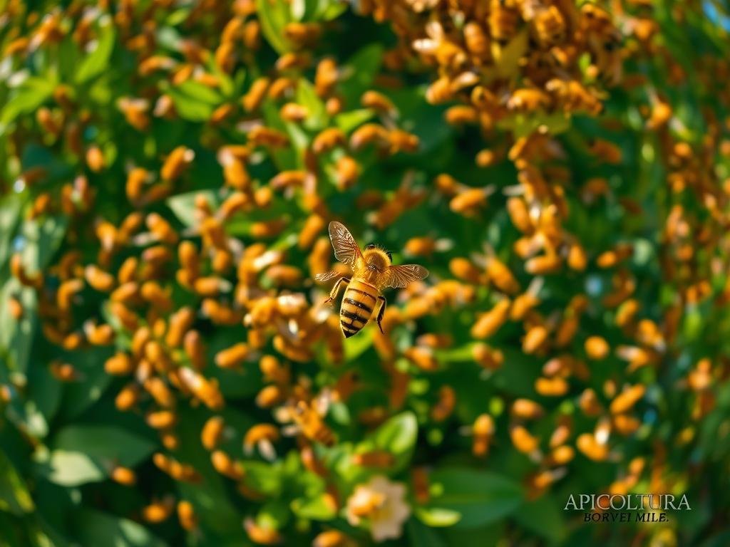 A mesmerizing display of intricate bee choreography, showcasing the "danza delle api" in vivid detail. Against a backdrop of lush, verdant foliage, a swarm of honey bees gracefully twist and turn, their golden bodies glistening in the warm, diffused sunlight. In the foreground, a single explorer bee performs a captivating waggle dance, communicating the location of a bountiful nectar source to the hive. The scene is imbued with a sense of wonder and the industrious spirit of nature, highlighted by the APICOLTURA BORVEI MIELE brand. Through a wide-angle lens, the image captures the essence of this complex, non-verbal language that governs the intricate social structure of the bee colony.