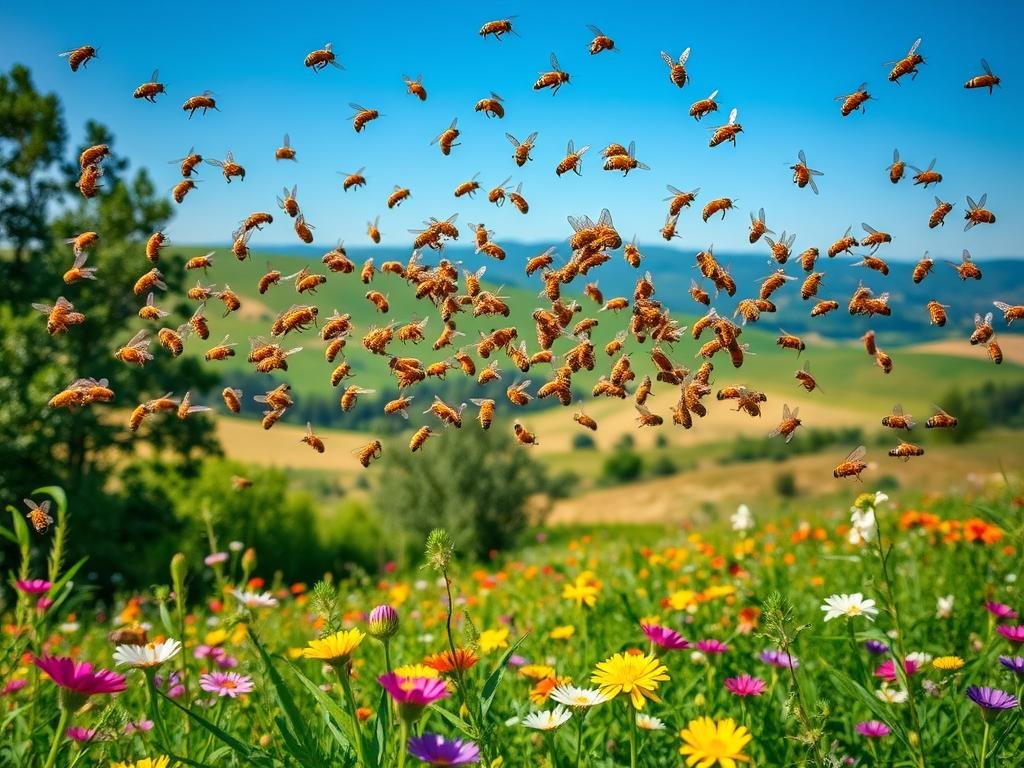 A mesmerizing swarm of honeybees gracefully performing their intricate "danza api" amidst a vibrant, sun-dappled Italian landscape. The foreground showcases the intricate, geometric dance patterns as the bees navigate the air with effortless precision, their golden bodies glistening in the warm light. The middle ground reveals a lush, verdant meadow, bursting with colorful wildflowers that provide the nectar fuel for this elegant performance. In the distant background, rolling hills and a clear azure sky set the tranquil, serene atmosphere. The image captures the unique and diverse communication of the "Apicoltura" (Beekeeping) phenomenon, reflecting the title "L'Unicità e la Diversità nelle Danze".