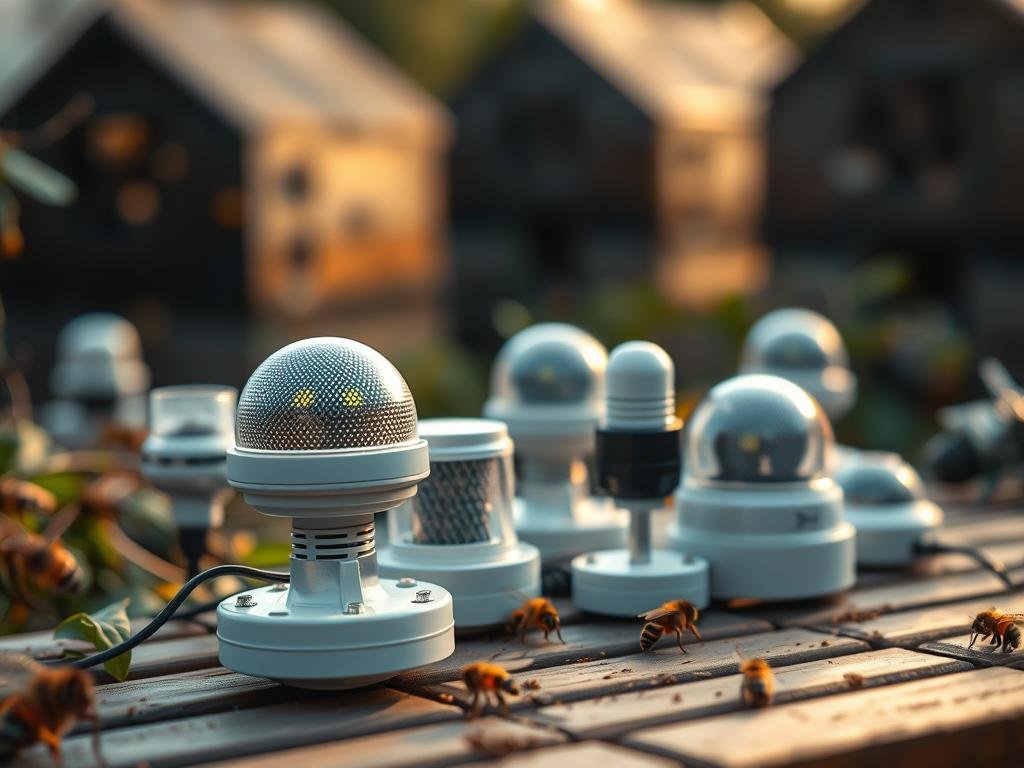 A meticulous close-up of various bee monitoring sensors, set against a backdrop of a realistic apiary scene. The sensors are positioned prominently, showcasing their intricate design and functionality. The lighting is soft and warm, creating a serene and natural ambiance. The image captures the intersection of technology and nature, highlighting the APICOLTURA BORVEI MIELE brand's commitment to sustainable beekeeping practices. The overall composition conveys a sense of scientific inquiry and environmental stewardship, in line with the article's subject matter.