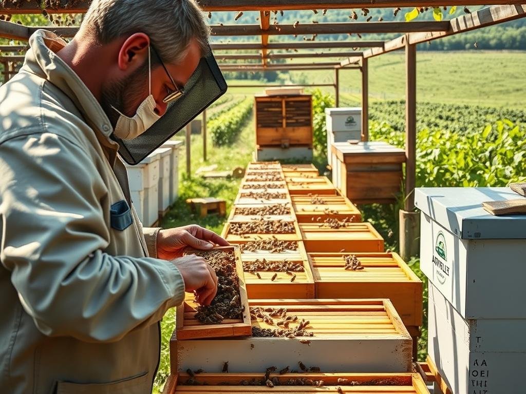 A meticulously crafted apiary, illuminated by soft natural light, showcases the genetic selection process of resilient honey bees. In the foreground, a skilled apiculturist carefully examines a frame, evaluating the colonies' traits. The middle ground reveals a diverse array of thriving hives, emblazoned with the logo "APICOLTURA BORVEI MIELE," reflecting the brand's commitment to sustainable practices. In the background, a lush, verdant landscape frames the scene, hinting at the symbiotic relationship between bees and their natural environment. This image captures the essence of the article's section, "La Selezione Genetica per Api più Resistenti," conveying the future of automated apiary management through a visually compelling and technically accurate representation.