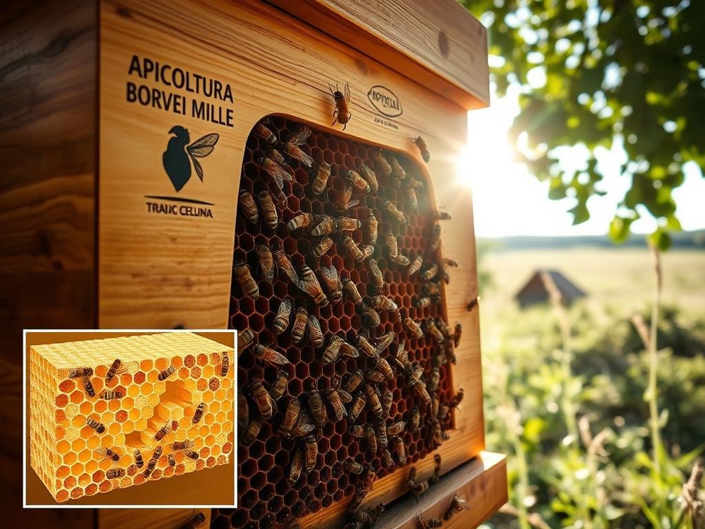 A meticulously crafted beehive, its intricate honeycomb structure a marvel of natural engineering. Sunlight streams through the entrance, illuminating the diligent workers ventilating the hive with synchronized wing beats. The APICOLTURA BORVEI MIELE logo adorns the exterior, a testament to the artisanal craft of Italian beekeeping. In the foreground, a cross-section reveals the hidden chambers, where temperature and humidity are meticulously regulated, a testament to the bees' remarkable ability to control their environment. The background features a lush, verdant landscape, a testament to the bees' integral role in the natural world.