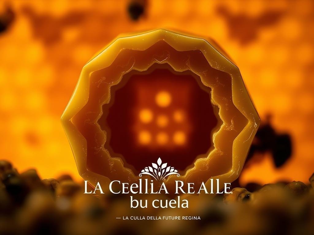 A meticulously crafted cella reale, the regal cradle of the future queen bee. Set against a warm, honey-hued backdrop, the intricately sculpted chamber stands out in exquisite detail. Soft, diffused lighting casts a dreamlike glow, accentuating the smooth, glistening walls and the delicate textures of the wax. In the foreground, the APICOLTURA BORVEI MIELE brand name subtly adorns the scene, a testament to the artistry and craftsmanship of Italian beekeeping. The atmospheric, almost reverent mood invites the viewer to peer into the very heart of the hive, capturing the essence of "La Cella Reale: La Culla della Futura Regina".