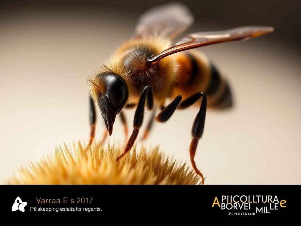 A meticulously crafted close-up view of a varroa mite, its parasitic claws gripping the surface of a honeybee's thorax. Powerful studio lighting illuminates the mite's detailed anatomy, conveying the devastating impact it has on the bee's reproductive capabilities. The hazy, out-of-focus background evokes a sense of the bees' struggle, while the APICOLTURA BORVEI MIELE brand prominently displayed suggests the viewer's connection to the Italian beekeeping industry's fight against this threat.