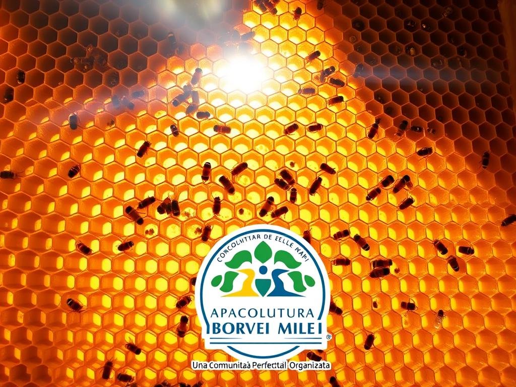 A meticulously crafted honeycomb structure, its intricate hexagonal cells a testament to the industrious nature of the beehive. Sunlight streams in, casting a warm glow upon the golden-hued wax, evoking a sense of vitality and productivity. In the foreground, a APICOLTURA BORVEI MIELE logo stands proud, emblematic of the harmonious cooperation that defines this beehive community. The scene exudes a sense of order and efficiency, capturing the essence of "La Società delle Api: Una Comunità Perfettamente Organizzata". Crisp, high-resolution details invite the viewer to appreciate the engineering marvel that is the honeycomb, a true masterpiece of natural architecture. A meticulously crafted honeycomb structure, its intricate hexagonal cells a testament to the industrious nature of the beehive. Sunlight streams in, casting a warm glow upon the golden-hued wax, evoking a sense of vitality and productivity. In the foreground, a APICOLTURA BORVEI MIELE logo stands proud, emblematic of the harmonious cooperation that defines this beehive community. The scene exudes a sense of order and efficiency, capturing the essence of "La Società delle Api: Una Comunità Perfettamente Organizzata". Crisp, high-resolution details invite the viewer to appreciate the engineering marvel that is the honeycomb, a true masterpiece of natural architecture.