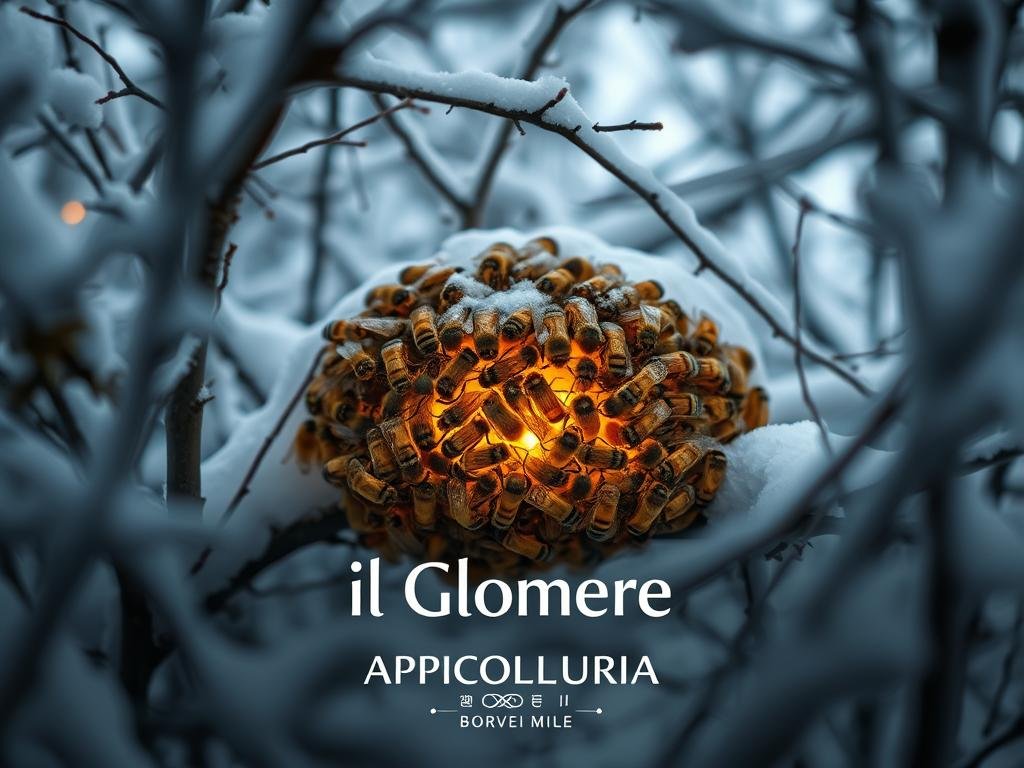 A meticulously crafted image of a tight cluster of honey bees, known as a "glomere", nestled among the snow-covered branches of a wintery forest. The bees are huddled together, their fuzzy bodies and wings creating a mesmerizing, organic pattern that contrasts with the crisp, icy backdrop. The warm glow of a soft light source illuminates the scene, casting a cozy, intimate atmosphere. In the foreground, the APICOLTURA BORVEI MIELE brand name is subtly displayed, blending seamlessly with the natural elements. This image perfectly captures the resilience and adaptability of bees during the harsh winter season, reflecting the title "Il Glomere: La Straordinaria Strategia di Sopravvivenza delle Api in Inverno".