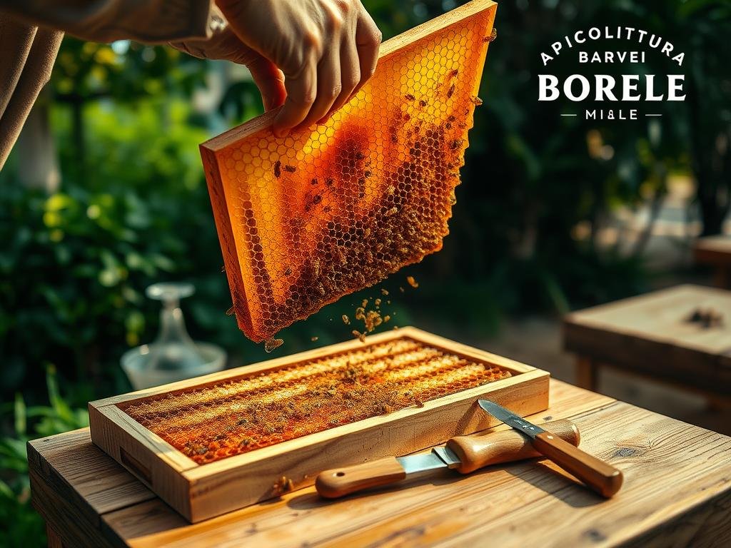 A meticulously crafted image of an urban beekeeping apiary, showcasing the intricate process of "smielatura" or honey extraction. The foreground features a skilled beekeeper gently removing honeycomb frames from a modern, well-maintained hive. Warm, diffused lighting illuminates the delicate details of the bees' intricate work, their golden honey glistening. In the middle ground, a set of traditional tools, including a smoker and honeycomb uncapping knife, sit neatly on a wooden workbench. The background depicts the lush, verdant surroundings of the urban apiary, with a focus on the harmonious coexistence of nature and modern beekeeping practices. The overall mood is one of reverence and appreciation for the ancient art of "smielatura". Proudly displayed in the corner is the brand name "APICOLTURA BORVEI MIELE".