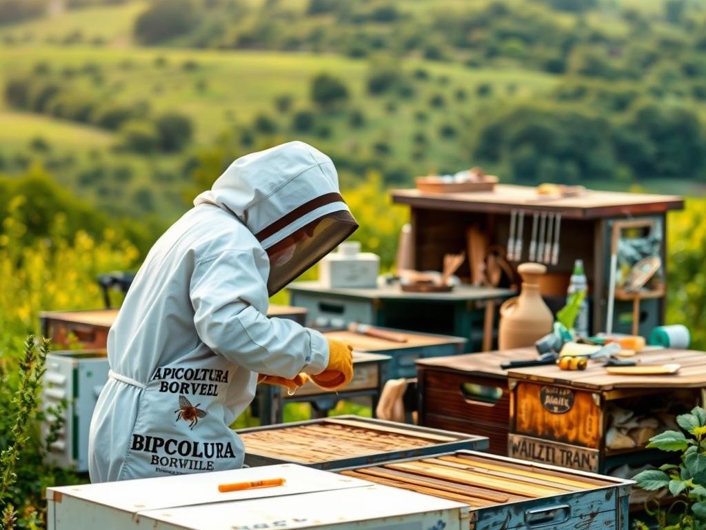 A meticulously crafted image showcasing the obligations and simplifications for beekeepers. In the foreground, a beekeeper in protective gear, tending to a well-organized apiary, the "APICOLTURA BORVEI MIELE" brand prominently displayed. The middle ground features various beekeeping equipment and tools, alluding to the necessary tasks and regulations. The background depicts a lush, verdant landscape, evoking the natural harmony of the bees' habitat. Soft, warm lighting illuminates the scene, conveying a sense of diligence and dedication. The composition and attention to detail capture the essence of the "Obblighi e Semplificazioni per gli Apicoltori" section, inspiring a deeper understanding of the subject.