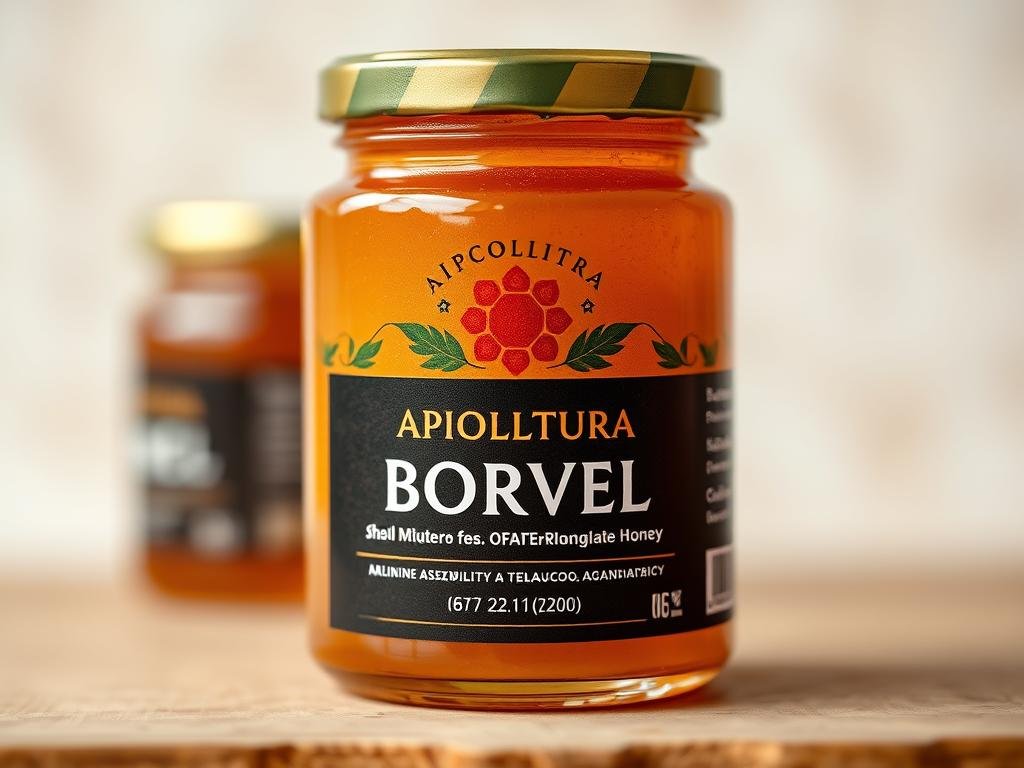 A meticulously crafted label for a jar of APICOLTURA BORVEI MIELE, showcasing the product's provenance and quality. Warm, rustic textures evoke the artisanal nature of small-batch honey production, while clean typography and precise layout convey professionalism and attention to detail. The label prominently features the producer's name, as well as key information about the honey's origin, purity, and traceability - elements essential for ensuring transparency and building consumer trust in the Italian honey industry.