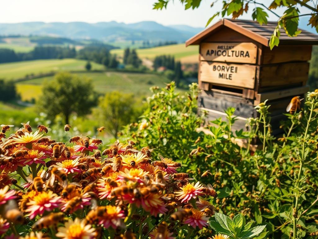 A meticulously crafted scene depicting the intricate behaviors of honeybees, set against the backdrop of an idyllic Italian countryside. In the foreground, a swarm of industrious bees, their delicate wings fluttering as they dart from flower to flower, pollinating the vibrant blooms. The middle ground features the APICOLTURA BORVEI MIELE apiary, a traditional-style wooden hive nestled amidst verdant foliage, capturing the essence of sustainable Italian beekeeping. The background showcases a picturesque rolling landscape, with sun-dappled fields and distant mountains, evoking a sense of tranquility and harmony. Soft, natural lighting bathes the scene, creating a warm, inviting atmosphere that invites the viewer to observe and appreciate the remarkable adaptability and learning capabilities of these remarkable insects.