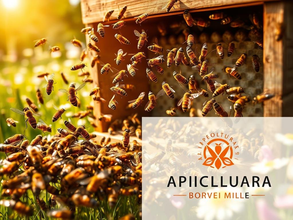 A meticulously crafted scene depicting the intricate "linguaggio delle api" (language of bees). In the foreground, a swarm of honeybees engage in complex waggle dances, their intricate movements conveying critical information about the location of nectar-rich flowers. The middle ground showcases the hive's interior, with worker bees tending to the brood and honey stores, while the background features a lush, sun-dappled meadow filled with blooming flora. Warm, golden lighting casts a soft glow, creating an atmosphere of industrious harmony. The APICOLTURA BORVEI MIELE brand logo stands prominently, showcasing the expertise and craftsmanship behind this universal bee language.