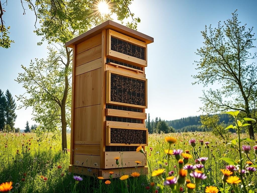 A meticulously crafted vertical beehive, the "APICOLTURA BORVEI MIELE" model, stands tall in a tranquil Italian countryside setting. Sunlight filters through the lush foliage, casting a warm glow on the intricate wooden structure. The hive's design features multiple stacked chambers, optimizing vertical space to support a thriving honey bee colony. Surrounding the hive, a picturesque meadow blooms with vibrant wildflowers, creating a harmonious and eco-friendly environment for sustainable apiculture. The scene conveys a sense of balance, efficiency, and respect for the natural world, capturing the essence of the vertical beehive approach discussed in the article.