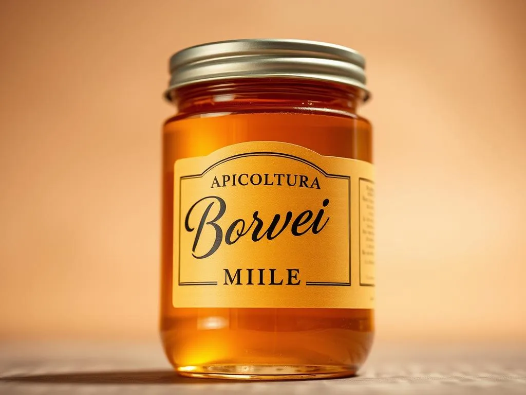 A meticulously designed label adorns the glass jar, highlighting the rich, golden honey within. The label features the brand name "APICOLTURA BORVEI MIELE" in an elegant script, conveying a sense of artisanal craftsmanship. The layout is visually striking, with clean lines and a minimalist design that emphasizes the natural beauty of the honey. The background has a warm, earthy tone that complements the honey's golden hue, creating a cohesive and visually appealing composition. The lighting is soft and diffused, casting a subtle glow on the label and highlighting the intricate details. The camera angle is slightly low, drawing the viewer's attention to the label and creating a sense of reverence for the high-quality product.