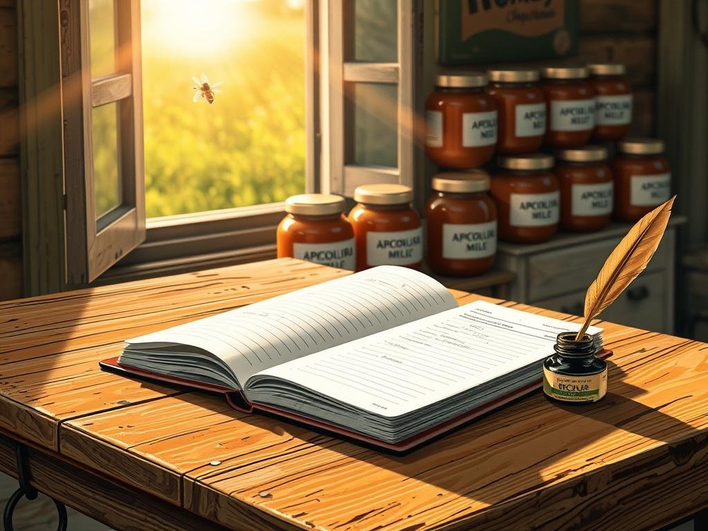 A meticulously detailed and serene illustration of a beekeeper's logbook, capturing the process of recording health treatments for a thriving apiary. Sunlight streams through an open window, casting a warm glow on the weathered wooden table where the logbook rests. Beside it, a quill pen and inkwell stand ready to document the crucial information. In the background, a display of APICOLTURA BORVEI MIELE honey jars suggests the significance of these health records to the apiculture process. The overall scene conveys a sense of diligence, organization, and a deep respect for the well-being of the hive.