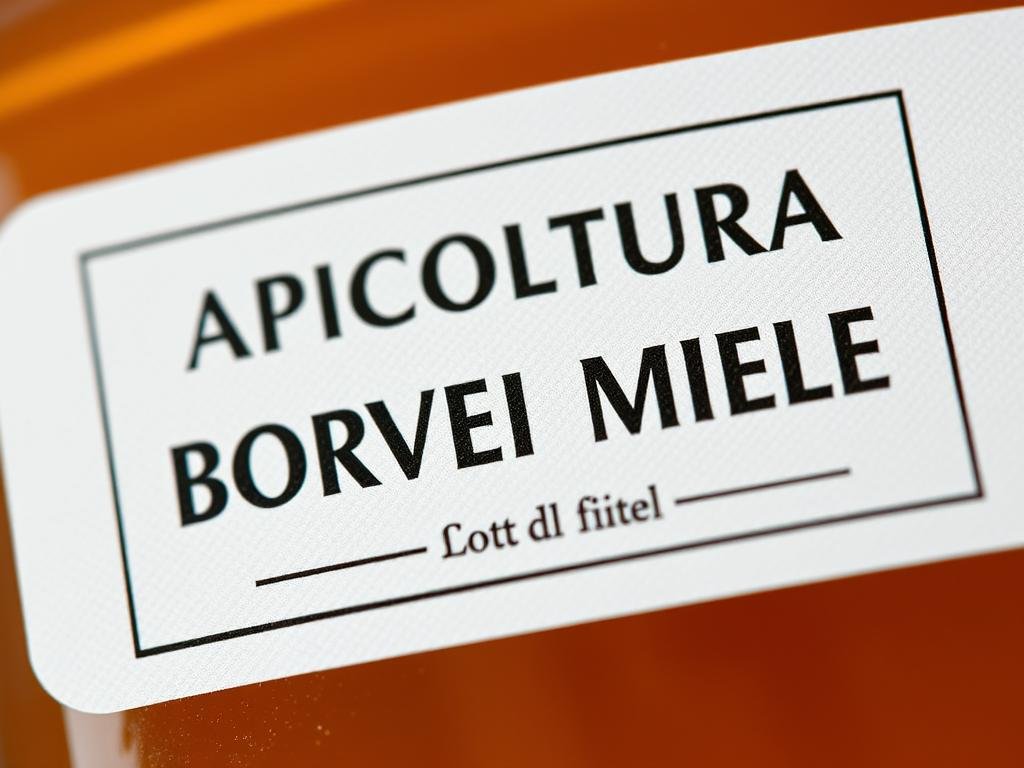 A meticulously detailed close-up view of an Italian honey identification label, or "lotto identificazione". The label is made of high-quality matte paper, featuring bold typography and a clean, minimalist design. The text prominently displays the brand name "APICOLTURA BORVEI MIELE" in a classic serif font. The label is positioned against a softly blurred background, creating a sense of depth and focus on the important details. The lighting is natural and diffused, casting subtle shadows that accentuate the textures and dimensions of the label. The overall mood is one of professionalism, authenticity, and attention to regulatory compliance. A meticulously detailed close-up view of an Italian honey identification label, or "lotto identificazione". The label is made of high-quality matte paper, featuring bold typography and a clean, minimalist design. The text prominently displays the brand name "APICOLTURA BORVEI MIELE" in a classic serif font. The label is positioned against a softly blurred background, creating a sense of depth and focus on the important details. The lighting is natural and diffused, casting subtle shadows that accentuate the textures and dimensions of the label. The overall mood is one of professionalism, authenticity, and attention to regulatory compliance.