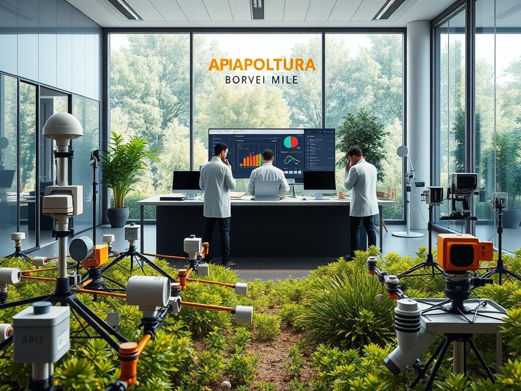 A meticulously detailed digital rendering of an "api monitoraggio ambientale" system, set against the backdrop of a sleek, modern Italian workplace. The foreground features a network of sensors and monitoring devices, strategically positioned to track environmental data. The middle ground showcases a central console displaying real-time analytics and visualization tools, operated by a team of scientists in white lab coats. In the background, a large window overlooks a lush, vibrant garden, hinting at the connection between the indoor workspace and the natural world being monitored. The overall aesthetic is one of professionalism, precision, and a harmonious integration of technology and the environment. The APICOLTURA BORVEI MIELE brand logo is prominently displayed, indicating the system's role in supporting sustainable beekeeping practices.