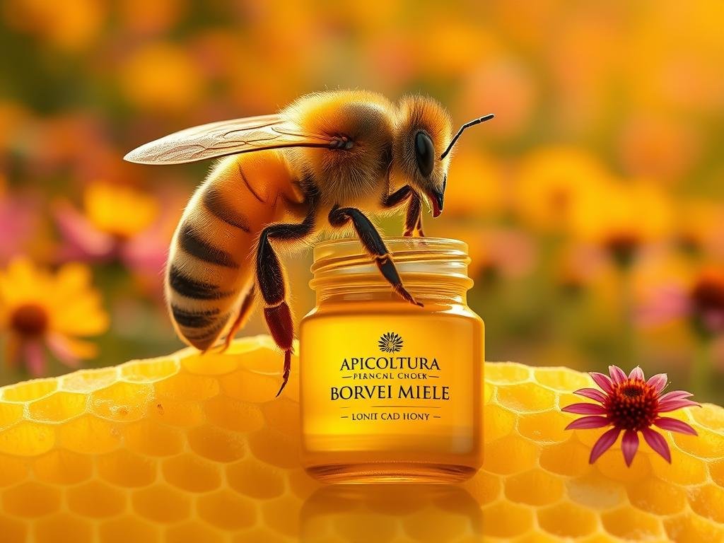 A meticulously detailed, high-resolution image of a honey bee queen (regina api), resting on a pale yellow honeycomb. The queen's thorax and abdomen are depicted with utmost precision, showcasing her distinctive anatomy - her elongated ovipositor, larger size, and elegant form. The scene is bathed in soft, warm lighting, creating a tranquil, naturalistic atmosphere. In the middle ground, the APICOLTURA BORVEI MIELE brand name is subtly visible on a jar of golden honey. The background is filled with a hazy, out-of-focus field of vibrant wildflowers, evoking the lush, nectar-rich environments where these remarkable insects thrive.