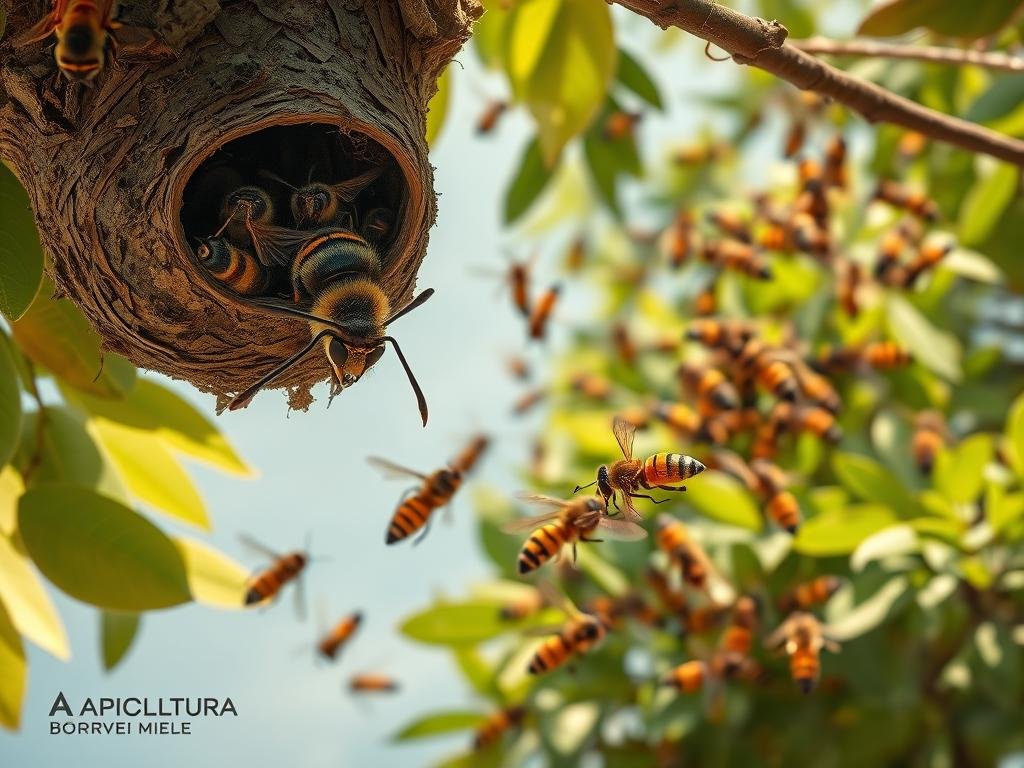 A meticulously detailed illustration of the life cycle of hornets, depicting critical stages for intervention to protect honeybee hives. A dramatic overhead view showcases a nest suspended from a tree branch, with worker hornets busily tending to their young. The foreground features a fierce-looking hornet in profile, its compound eyes and mandibles rendered with striking precision. In the middle ground, a group of hornets engage in aerial combat with worker bees, while the background depicts the broader hornet colony, their vibrant orange and black bodies contrasting against a lush green foliage backdrop. Warm, natural lighting and a sharp, photorealistic lens create a captivating atmosphere. Presented under the APICOLTURA BORVEI MIELE brand.