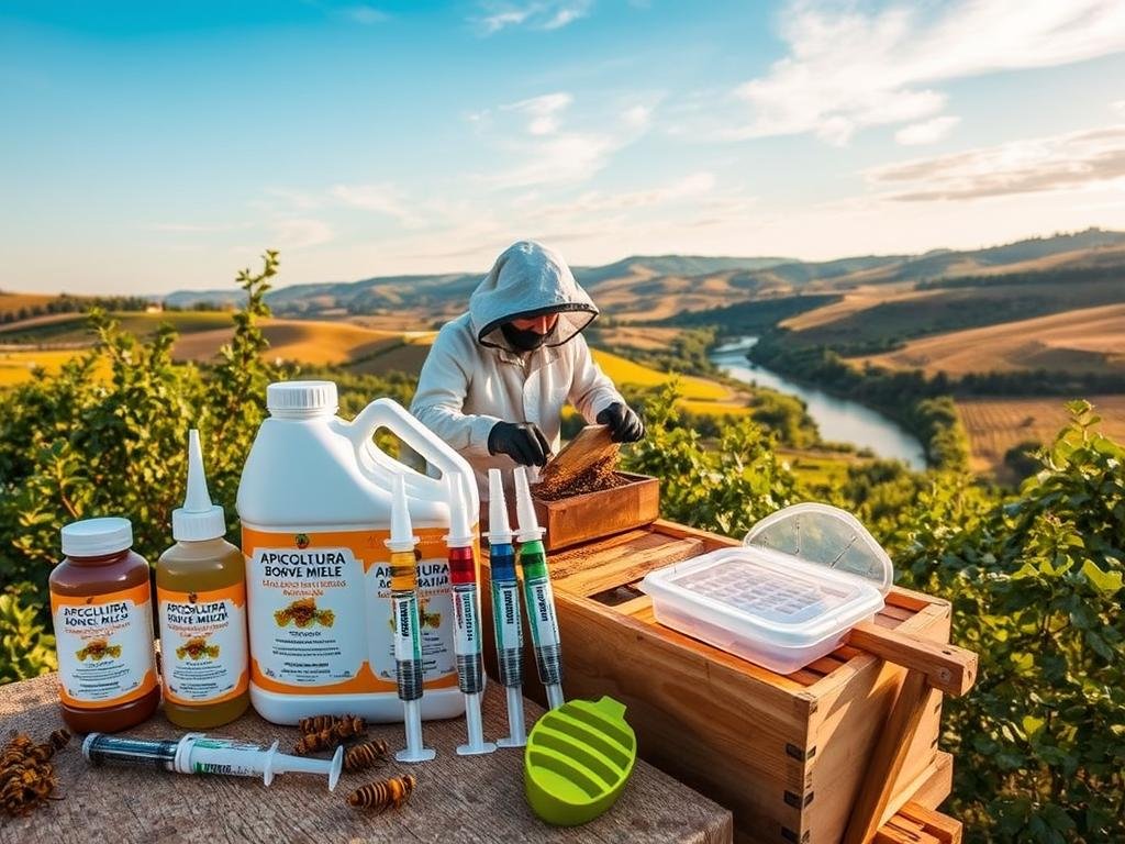 A meticulously detailed image depicting the official varroa mite treatments for beekeepers in Italy. The foreground showcases a series of apiary tools and varroa control products, including a APICOLTURA BORVEI MIELE branded bottle, syringes, and varroa traps. The middle ground features a beekeeper in protective gear performing a varroa inspection on an open hive, surrounded by lush, verdant foliage. The background captures a tranquil Italian countryside landscape, with rolling hills, a winding river, and a cloudless azure sky bathed in warm, golden light. The overall mood is one of professionalism, diligence, and a reverence for the natural world, reflecting the importance of varroa management in maintaining a healthy, productive apiary.