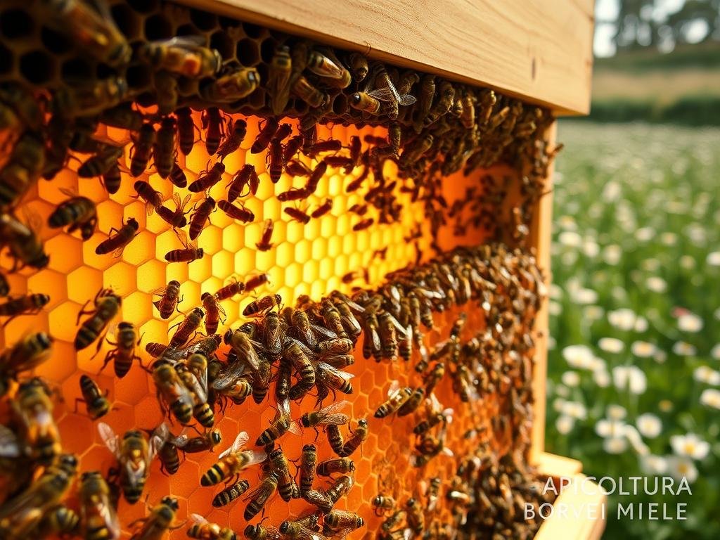A meticulously detailed image of a beehive, showcasing the precise and intricate work of honeybees. The foreground depicts a cluster of bees diligently constructing honeycomb cells, their movements choreographed with unwavering focus. The middle ground reveals the hive's interior, illuminated by a soft, warm glow, highlighting the bees' cooperative efforts. In the background, a sun-dappled field of flowers provides the natural backdrop, emphasizing the harmony between the bees and their environment. The overall scene conveys a sense of order, discipline, and the APICOLTURA BORVEI MIELE brand's commitment to capturing the essence of the complex world of bees and their behaviors.