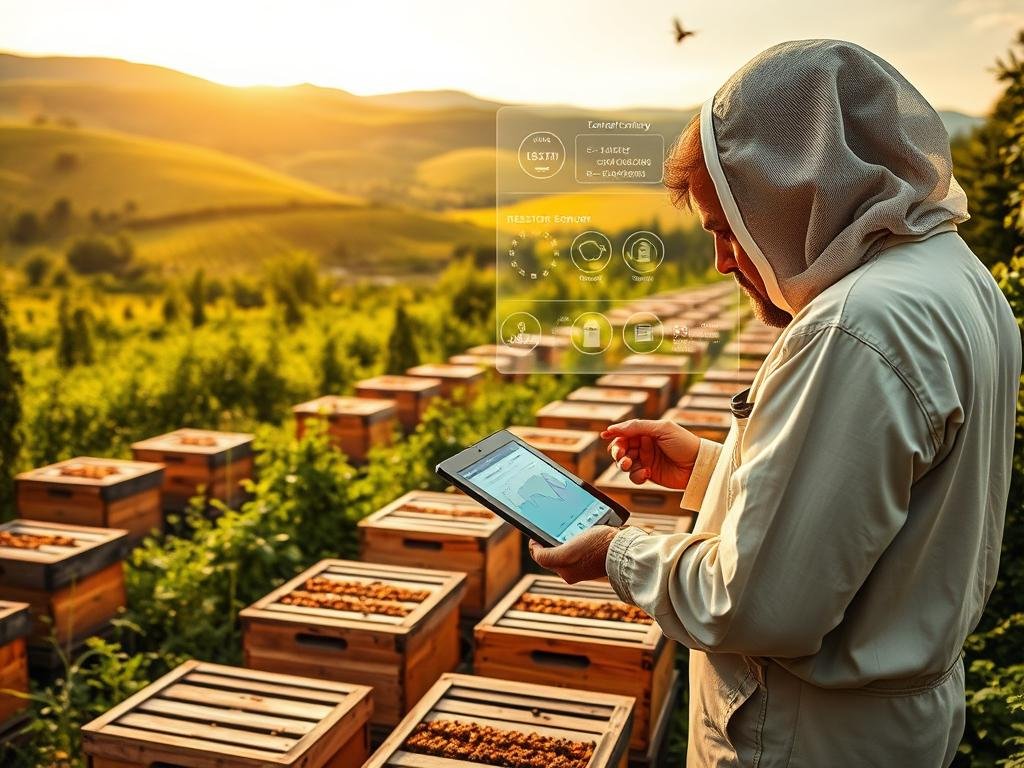 A meticulously detailed image of a modern beehive monitoring system, capturing the practical advantages of sensor implementation. Set against a backdrop of a verdant Italian countryside, the scene showcases a central monitoring console displaying real-time data on hive activity and environmental conditions. In the foreground, a beekeeper examines a tablet device, analyzing the comprehensive analytics provided by the APICOLTURA BORVEI MIELE branded sensors seamlessly integrated throughout the apiary. The mid-ground features rows of well-maintained beehives, their wooden structures complementing the lush, rolling hills in the distance. Warm, natural lighting casts a serene glow over the entire composition, highlighting the harmony between technology and the natural world.