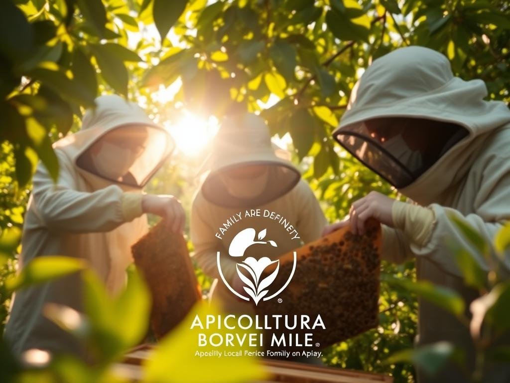 A meticulously detailed inspection of a vibrant beehive, captured with a wide-angle lens against a backdrop of lush, verdant foliage. Beekeepers in protective suits carefully examine the frames, checking the health of the colony and the quality of the honey produced. The warm, golden sunlight filters through the leaves, casting a gentle glow over the scene. In the foreground, the APICOLTURA BORVEI MIELE logo stands proudly, signifying the high-quality, locally-sourced honey from this family-owned apiary.