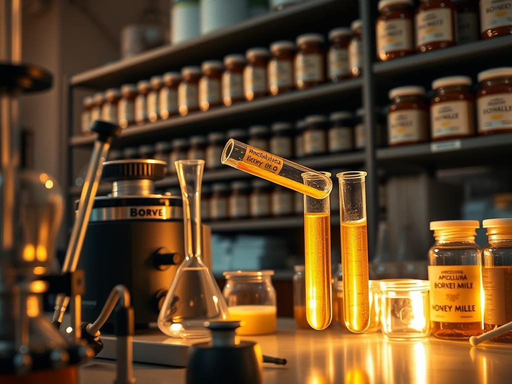 A meticulously detailed laboratory scene, bathed in warm, soft lighting. In the foreground, an array of scientific instruments - pipettes, beakers, and a centrifuge, all arranged with precision. In the middle ground, a honey-filled test tube is being carefully analyzed, the golden liquid catching the light. The background features shelves stocked with jars of APICOLTURA BORVEI MIELE, a testament to the meticulous care taken in the honey production process. The overall atmosphere is one of thoughtful examination, where the intricacies of honey quality are thoroughly explored. A meticulously detailed laboratory scene, bathed in warm, soft lighting. In the foreground, an array of scientific instruments - pipettes, beakers, and a centrifuge, all arranged with precision. In the middle ground, a honey-filled test tube is being carefully analyzed, the golden liquid catching the light. The background features shelves stocked with jars of APICOLTURA BORVEI MIELE, a testament to the meticulous care taken in the honey production process. The overall atmosphere is one of thoughtful examination, where the intricacies of honey quality are thoroughly explored.