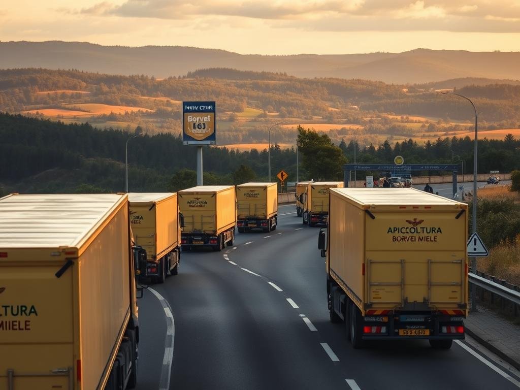 A meticulously detailed scene of the transport of honeybees within the European Union. In the foreground, a fleet of specialized beehive transport vehicles, adorned with the logo "APICOLTURA BORVEI MIELE", convoy along a winding road. The midground features bustling customs checkpoints, with officials diligently inspecting the cargo. In the background, a panoramic vista of rolling hills and verdant forests, under a warm, golden-hour sky. The overall mood conveys the importance and regulation of this vital EU-wide agricultural practice.
