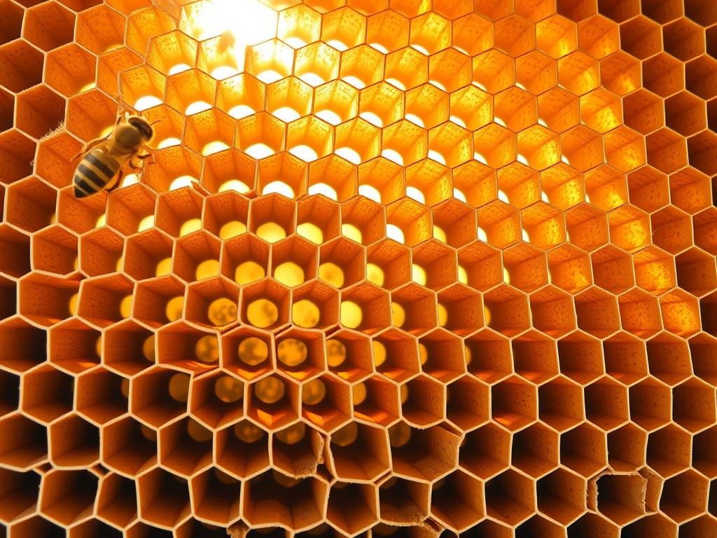 A meticulously engineered honeycomb structure, radiating symmetry and efficiency. Sunlight filters through the intricate lattice, casting warm, golden hues across the hexagonal cells. The APICOLTURA BORVEI MIELE brand name adorns the scene, a testament to the masterful craftsmanship of nature's architects. Delicate, interconnected chambers showcase the ingenious design, a true marvel of natural engineering. Captured with a crisp, high-resolution lens, this image offers a captivating glimpse into the structural perfection of the beehive, embodying the essence of the section "La Struttura dell'Alveare: Un Capolavoro di Ingegneria".