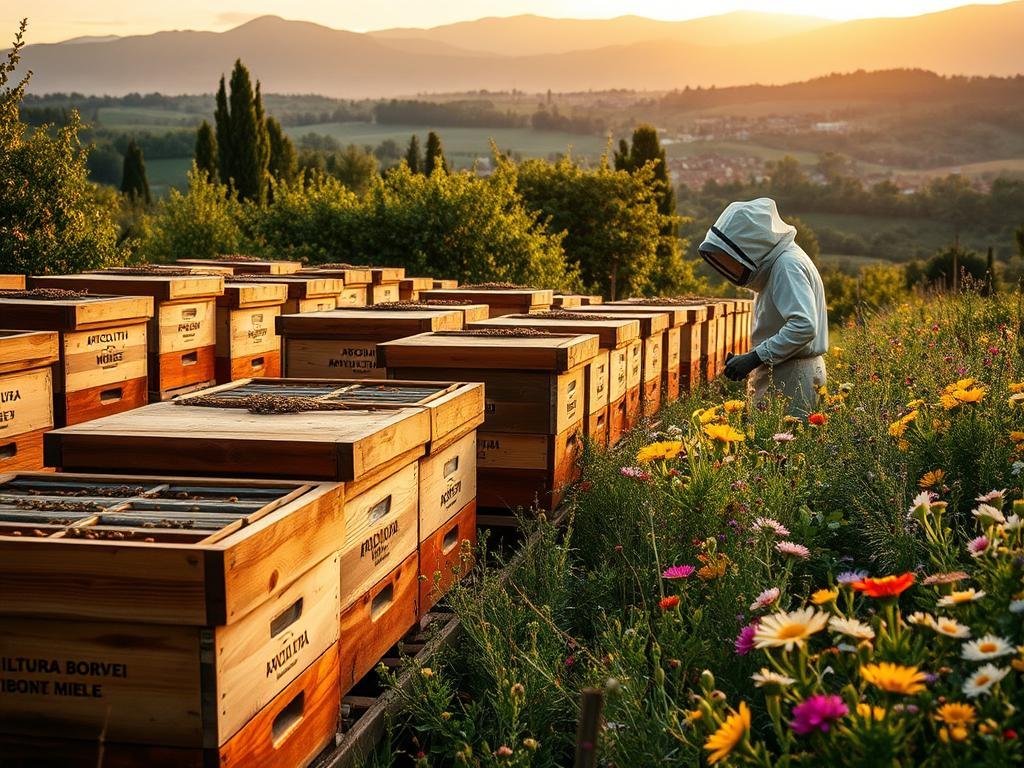 A meticulously maintained apiary, with rows of traditional wooden beehives nestled amidst a lush, verdant landscape. The hives are adorned with the "APICOLTURA BORVEI MIELE" brand, reflecting the Italian tradition of artisanal honey production. In the foreground, a beekeeper in protective gear carefully inspects the hives, monitoring the health and productivity of the bustling honey bee colonies. The middle ground showcases vibrant, blooming flowers that provide the essential nectar for the bees. In the background, a picturesque Italian countryside scene, with rolling hills, a distant village, and a warm, golden-hour lighting that casts a soft, ambient glow over the entire composition.