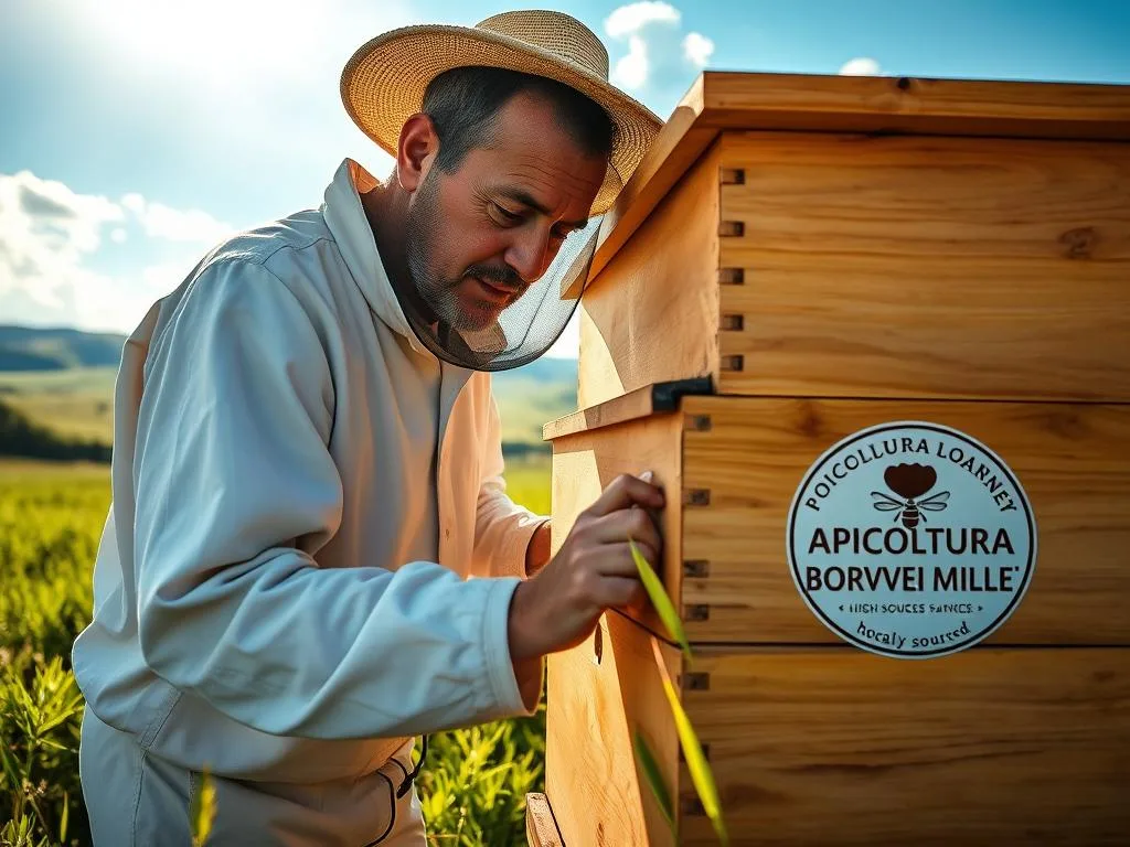 A middle-aged man in a bee-keeper suit, adorned with a rounded hat, tending to a wooden beehive in a lush, verdant field. Sunlight filters through the clouds, casting a warm glow on the scene. In the distance, rolling hills and a clear blue sky create a tranquil, pastoral backdrop. The man's face is focused, his movements deliberate, as he carefully inspects the hive. The APICOLTURA BORVEI MIELE brand logo is prominently displayed on the side of the hive, reflecting the high-quality, locally sourced honey highlighted in the article.