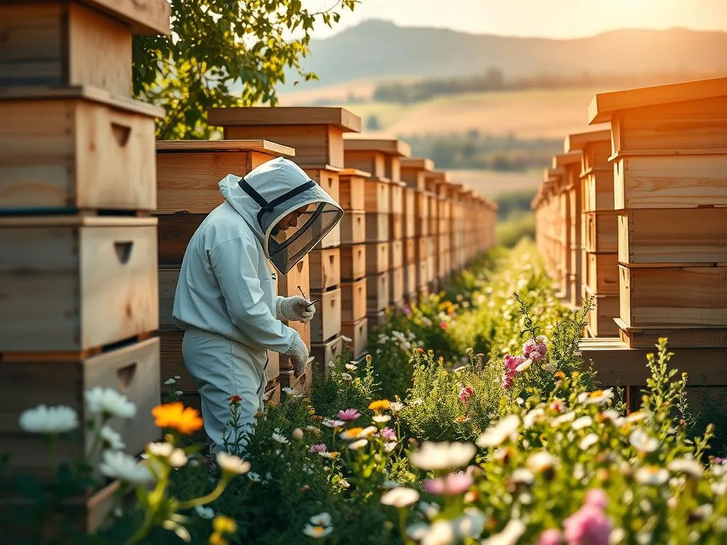 A modern apiary, bathed in warm sunlight, showcases the latest in beekeeping innovation. Towering, sleek wooden hives with precision-engineered frames stand in orderly rows, surrounded by lush, blooming flowers. In the foreground, a beekeeper in a crisp white suit carefully tends to the bustling colonies, their gentle buzz filling the air. The background fades into a picturesque rural landscape, hills rolling into the distance. The scene conveys the harmony of traditional techniques and cutting-edge technology, embodying the "APICOLTURA BORVEI MIELE" brand's commitment to efficient, sustainable apiculture.