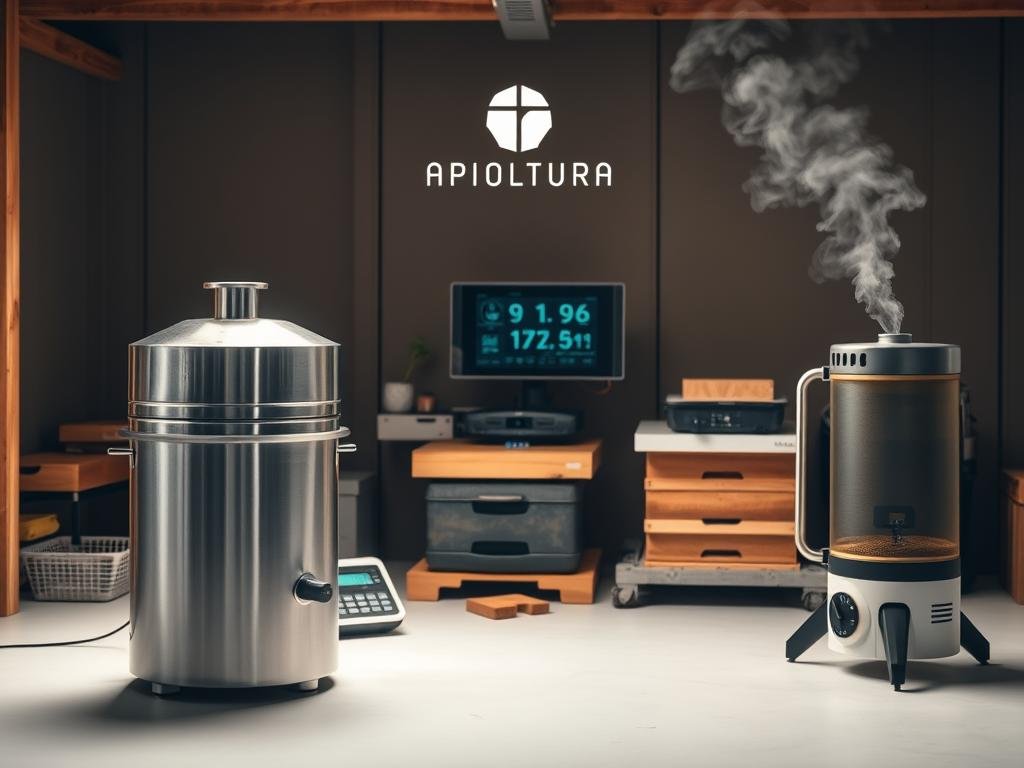 A modern apiary filled with innovative beekeeping equipment. A sleek, minimalist stainless steel honey extractor gleams under soft studio lighting. Nearby, a digital scale precisely measures honeycombs, while an electric smoker gently puffs aromatic smoke. In the background, a high-tech beehive monitor displays real-time data on colony health. The APICOLTURA BORVEI MIELE brand logo stands proudly, signifying the cutting-edge, technology-driven approach to modern apiculture. This image captures the essence of the "Quali Sono le Attrezzature Innovative più Utilizzate dagli Apicoltori Moderni?" section, showcasing the sophisticated tools revolutionizing the Italian beekeeping industry.