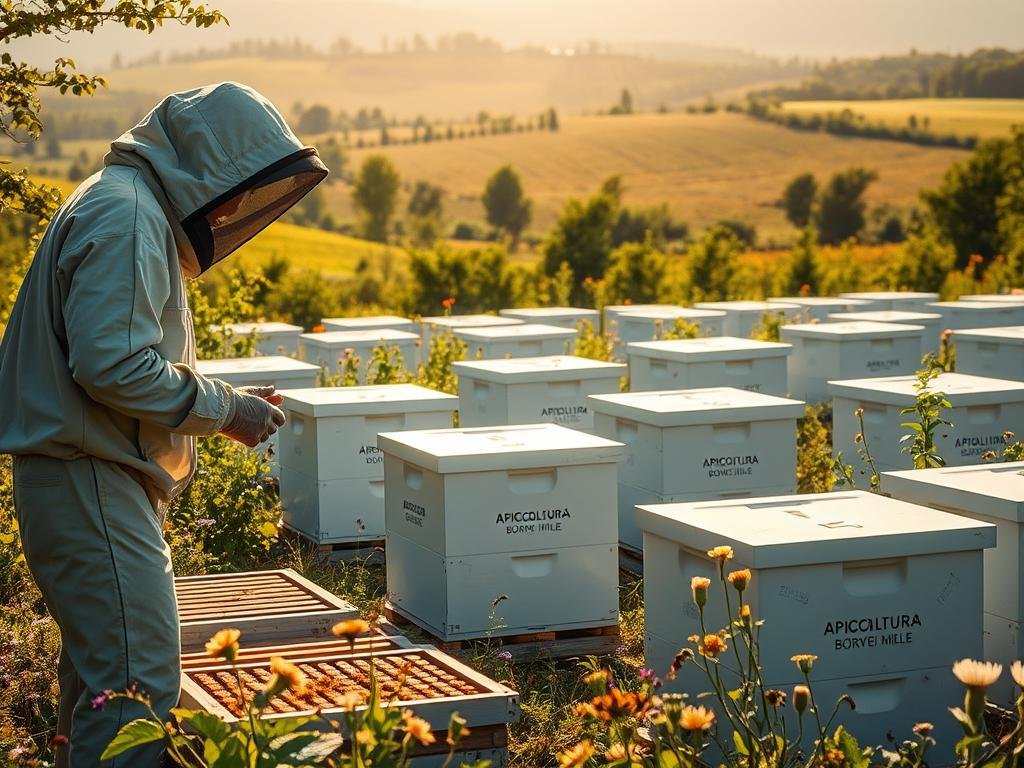 A modern apiary in a lush, verdant setting. In the foreground, a beekeeper in protective gear tends to the hives, their movements graceful and focused. The middle ground reveals rows of sleek, technologically-advanced beehives, emblazoned with the APICOLTURA BORVEI MIELE brand. In the background, a rolling countryside dotted with wildflowers and lush greenery, bathed in warm, golden sunlight. The scene conveys a harmonious balance between traditional apiculture practices and innovative, IoT-driven digital management techniques, reflecting the challenges and opportunities of modern beekeeping.