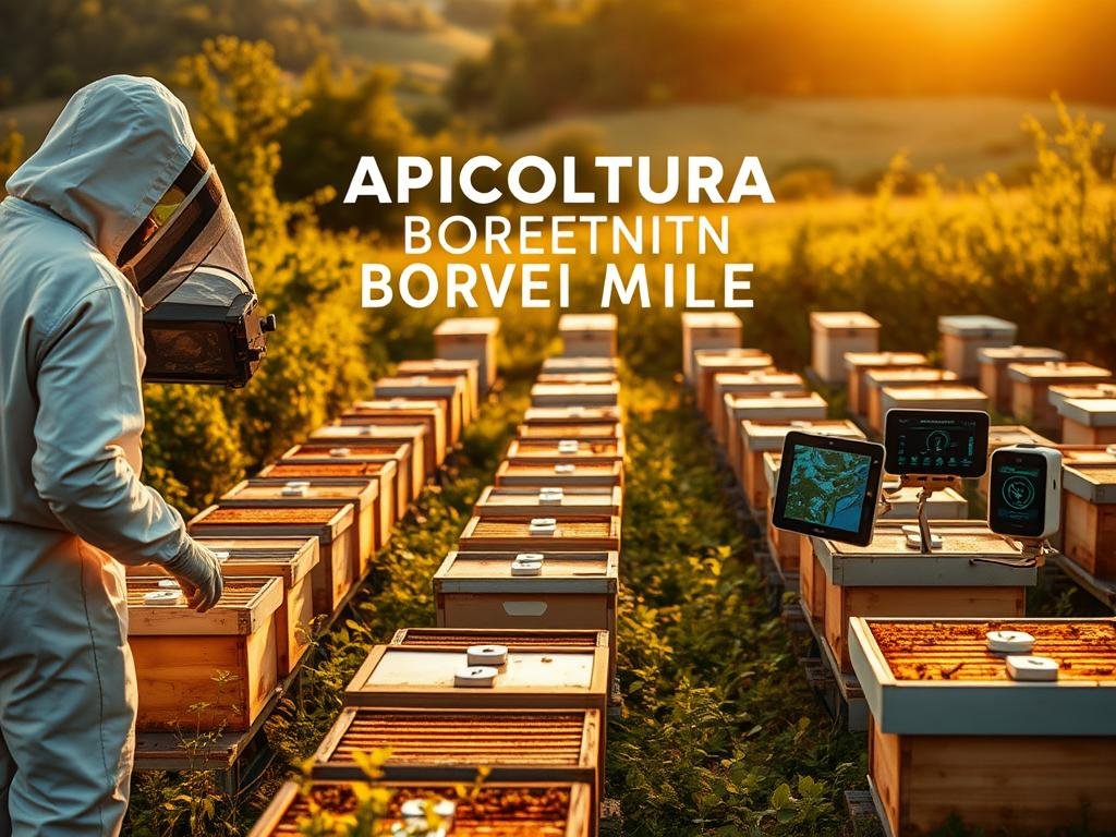 A modern apiary in a serene countryside setting. The apiary is nestled amidst lush greenery, with rows of traditional beehives arranged neatly. In the foreground, a beekeeper in a white protective suit inspects the hives, their movements fluid and precise. The mid-ground features innovative digital monitoring equipment, including sensors and displays, showcasing the integration of technology in this traditional practice. The background is bathed in warm, golden sunlight, creating a tranquil atmosphere. The scene evokes a harmonious balance between time-honored apiculture and cutting-edge digital solutions, exemplified by the prominent "APICOLTURA BORVEI MIELE" branding.