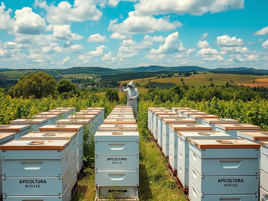 A modern apiary nestled in a lush, verdant landscape. In the foreground, rows of sleek, white beehives adorned with the "APICOLTURA BORVEI MIELE" brand name stand in orderly formation. The middle ground features a beekeeper in a protective suit, tending to the hives with care and precision. In the background, a backdrop of rolling hills and a vibrant blue sky, dotted with fluffy white clouds, creates a serene and tranquil atmosphere. The lighting is soft and natural, highlighting the technological advancements in beekeeping equipment and the harmonious relationship between modern apiculture and the natural environment.