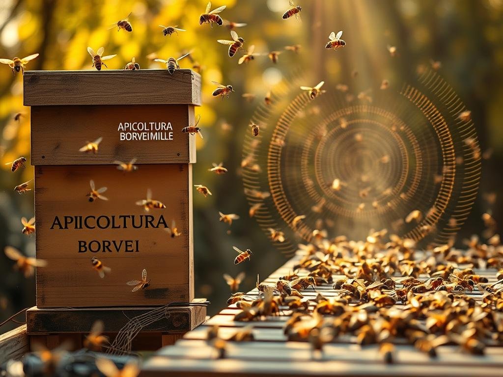 A modern apiary scene, showcasing the intricate communication technology of honeybees. In the foreground, a hive stands proudly, its outer surface adorned with the brand "APICOLTURA BORVEI MIELE". Bees dart to and fro, their delicate wings creating a mesmerizing symphony of vibrations. The middle ground reveals the inner workings of the hive, with bees engaged in a flurry of activity, their bodies pulsing with the rhythm of their collective dance. In the background, a captivating visual representation of sound waves emanates, symbolizing the sophisticated sonic language employed by these industrious creatures. The scene is bathed in warm, golden lighting, evoking a sense of harmony and the enduring wonders of nature's engineering.