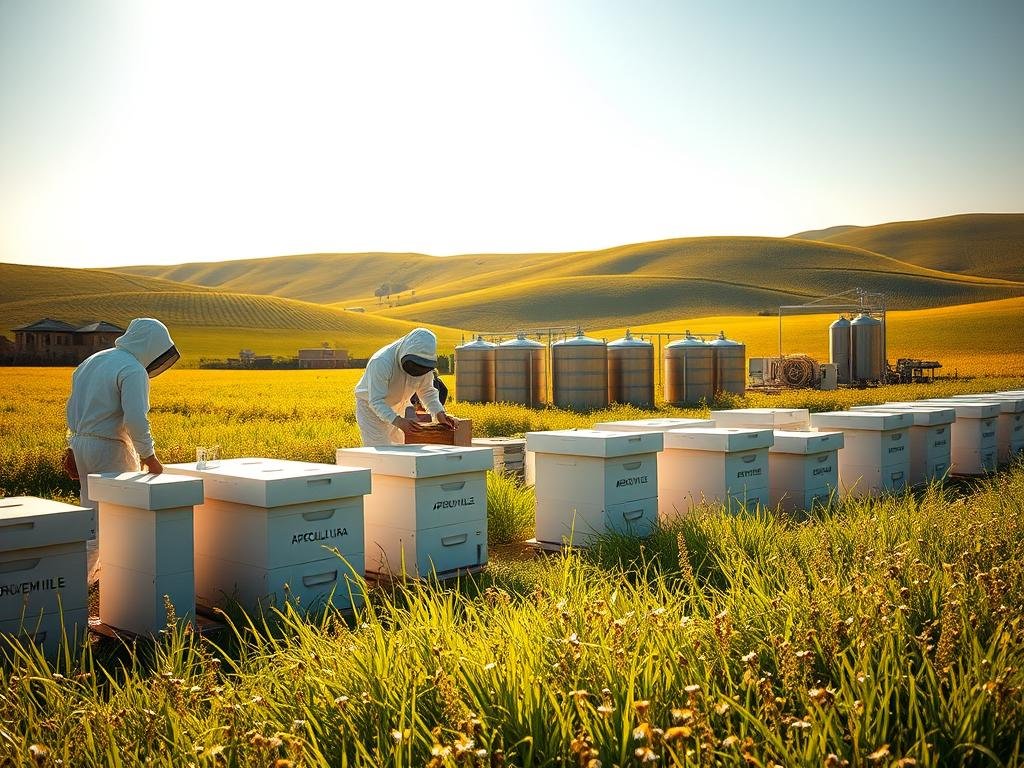 A modern apiary set against a backdrop of lush green meadows, bathed in warm, golden sunlight. In the foreground, rows of sleek, high-tech beehives with the APICOLTURA BORVEI MIELE brand name emblazoned on their sides. Beekeepers in protective suits carefully monitor the hives, using advanced sensors and digital displays to track the colony's health and honey production. In the middle ground, a state-of-the-art honey extraction facility, its gleaming metal tanks and centrifuges a testament to the industry's technological evolution. The background features rolling hills, dotted with wildflowers and buzzing with the activity of countless bees, symbolizing the harmonious integration of traditional apiculture and modern data-driven techniques.
