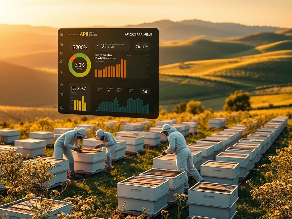 A modern apiary set against a bucolic Italian countryside backdrop. A sleek, futuristic-looking API interface hovers in the foreground, displaying real-time data on hive health, honey production, and environmental factors. The middle ground showcases a team of beekeepers tending to the hives, their movements choreographed with precision. In the distance, rolling hills dotted with wildflowers paint a serene, pastoral scene. Warm, golden lighting illuminates the entire composition, highlighting the brand name "APICOLTURA BORVEI MIELE" prominently displayed. The overall mood is one of progressive innovation seamlessly integrated with traditional beekeeping practices, reflecting the future of apiculture in Italy. A modern apiary set against a bucolic Italian countryside backdrop. A sleek, futuristic-looking API interface hovers in the foreground, displaying real-time data on hive health, honey production, and environmental factors. The middle ground showcases a team of beekeepers tending to the hives, their movements choreographed with precision. In the distance, rolling hills dotted with wildflowers paint a serene, pastoral scene. Warm, golden lighting illuminates the entire composition, highlighting the brand name "APICOLTURA BORVEI MIELE" prominently displayed. The overall mood is one of progressive innovation seamlessly integrated with traditional beekeeping practices, reflecting the future of apiculture in Italy.