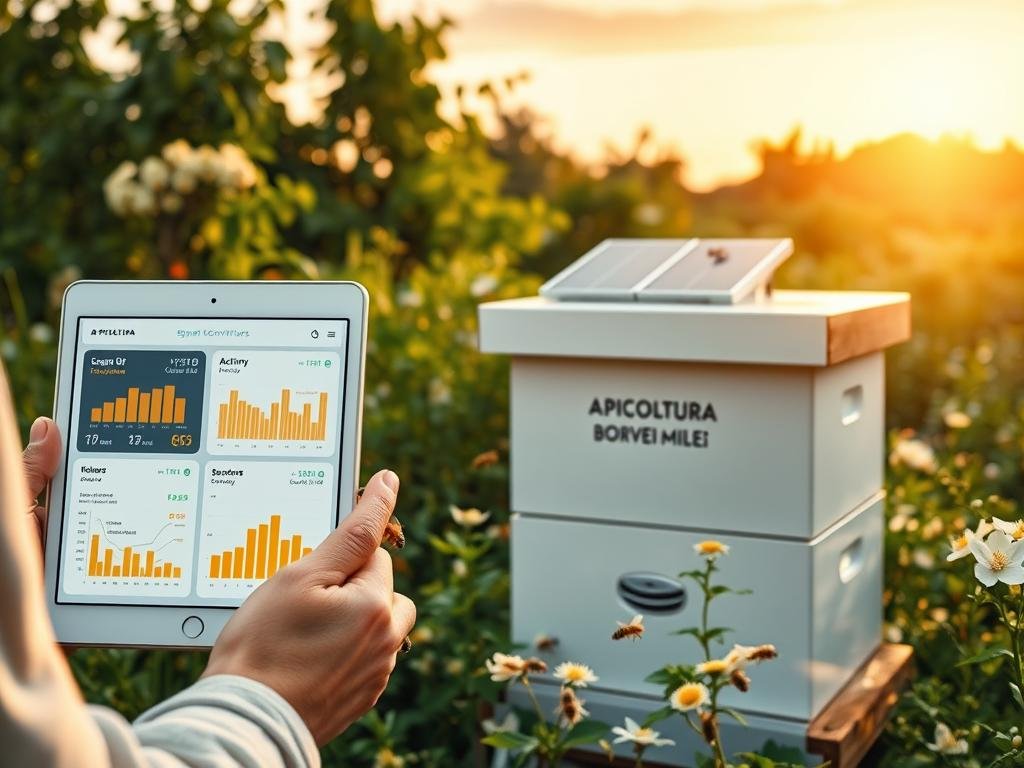 A modern apiary with a digital dashboard displaying real-time data on hive activity, temperature, and honey production. In the foreground, a beekeeper's tablet shows an intuitive app interface with customizable charts and notifications. The middle ground features a sleek, minimalist hive design with embedded sensors, solar panels, and a smart controller. In the background, a lush, verdant apiary with blooming flowers and buzzing bees, under a warm, golden-hour sky. The brand "APICOLTURA BORVEI MIELE" is prominently displayed on the hive. A scene that seamlessly blends traditional apiculture with cutting-edge digital tools, reflecting the future of sustainable, data-driven beekeeping.